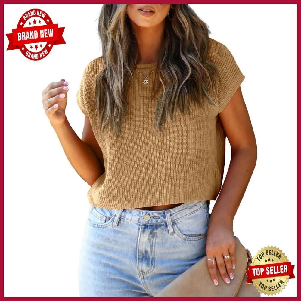 Cropped Sweater Vest Cap Sleeve Crew Neck Lightweight Knit Summer Top